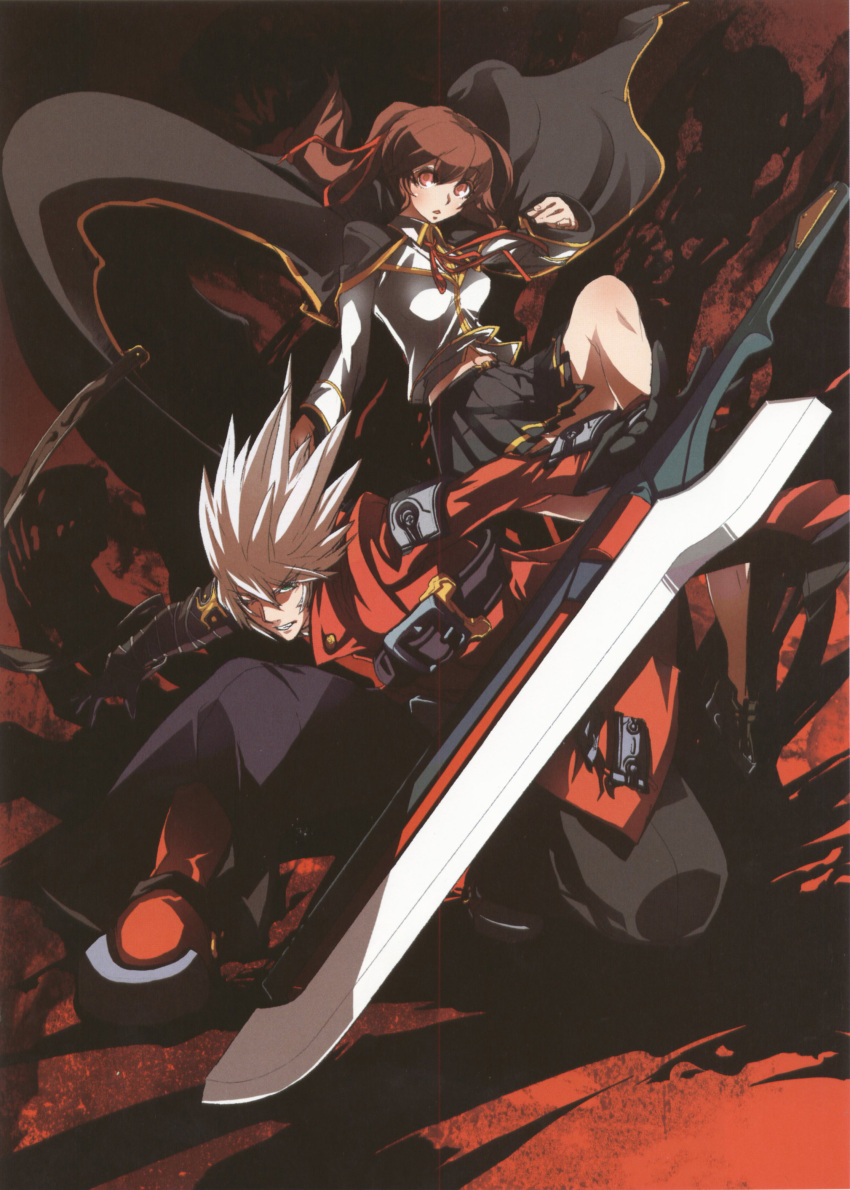 1boy absurdres artist_request blazblue blazblue_phase_0 bloodedge brown_hair cape celica_a._mercury female highres official_art photoshop_(medium) red_eyes skirt sword weapon white_hair