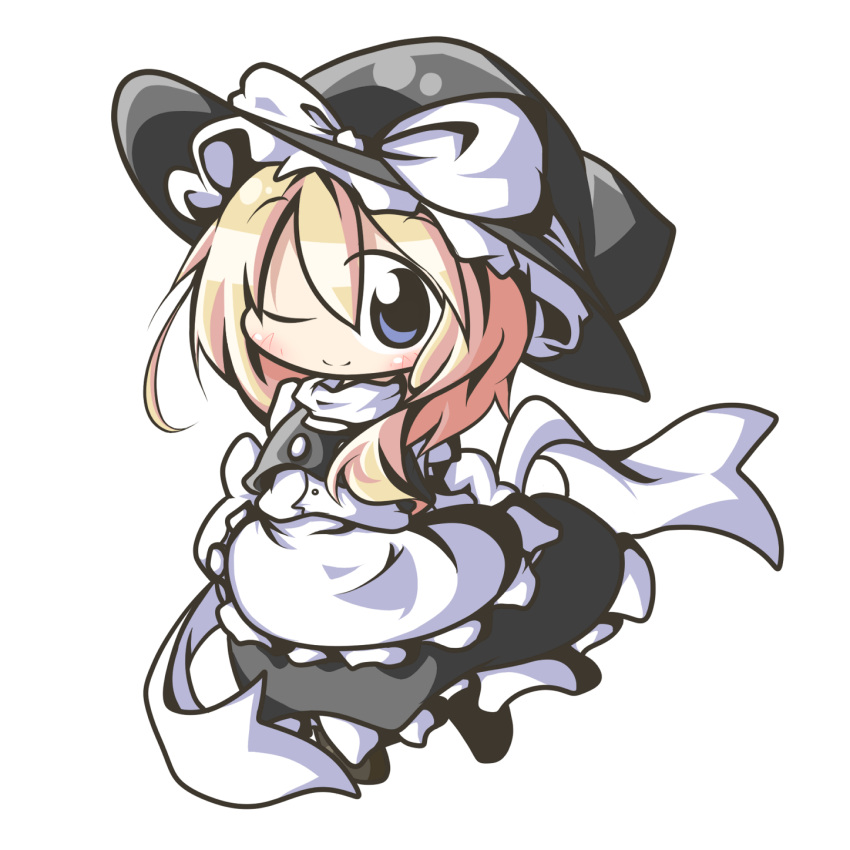 aoblue blonde_hair blue_eyes chibi commentary_request female full_body hat highres kirisame_marisa one_eye_closed ribbon solo touhou transparent_background witch_hat