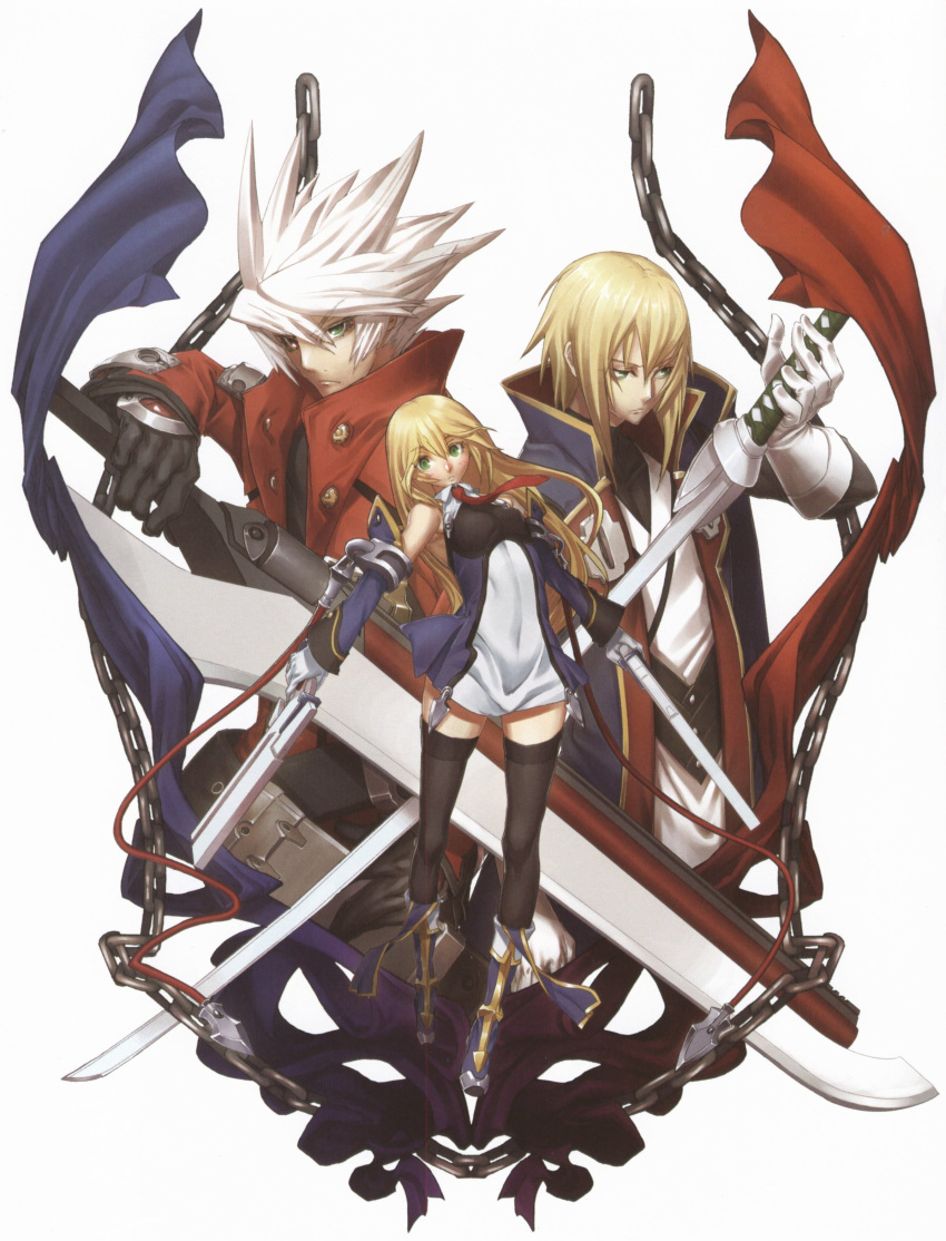 2boys absurdres black_thighhighs blazblue blonde_hair detached_sleeves duplicate female gloves green_eyes gun hat heterochromia highres jin_kisaragi multiple_boys necktie noel_vermillion official_art photoshop_(medium) ragna_the_bloodedge red_eyes sword thighhighs weapon white_hair