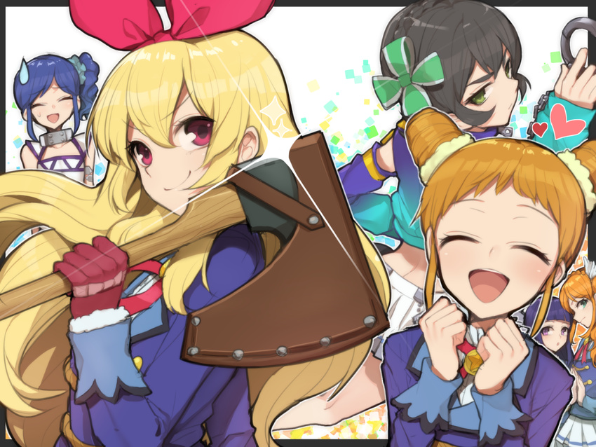 6+girls aikatsu! aikatsu!_(series) arisugawa_otome axe blonde_hair blue_hair blush brown_hair closed_eyes commentary_request cone_hair_bun cuffs double_bun gloves green_eyes hair_bun hair_ribbon handcuffs himuro_asami hitoto hoshimiya_ichigo kamiya_shion kiriya_aoi long_hair looking_at_viewer multiple_girls open_mouth ribbon school_uniform short_hair side_ponytail signature smile starlight_academy_school_uniform sweatdrop tachibana_michelle weapon