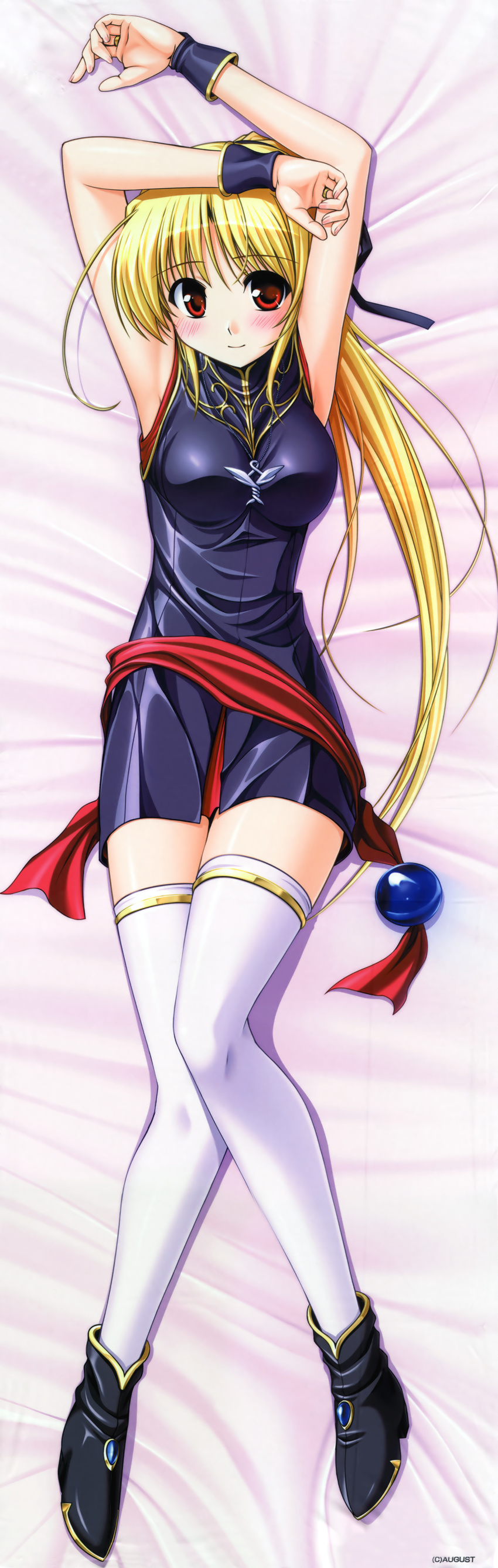 absurdres bekkankou blonde_hair blush cynthia_marguerite dakimakura_(medium) dress female full_body highres jewelry long_hair lying necklace red_eyes ribbon sash short_dress smile solo thighhighs very_long_hair white_thighhighs yoake_mae_yori_ruri_iro_na