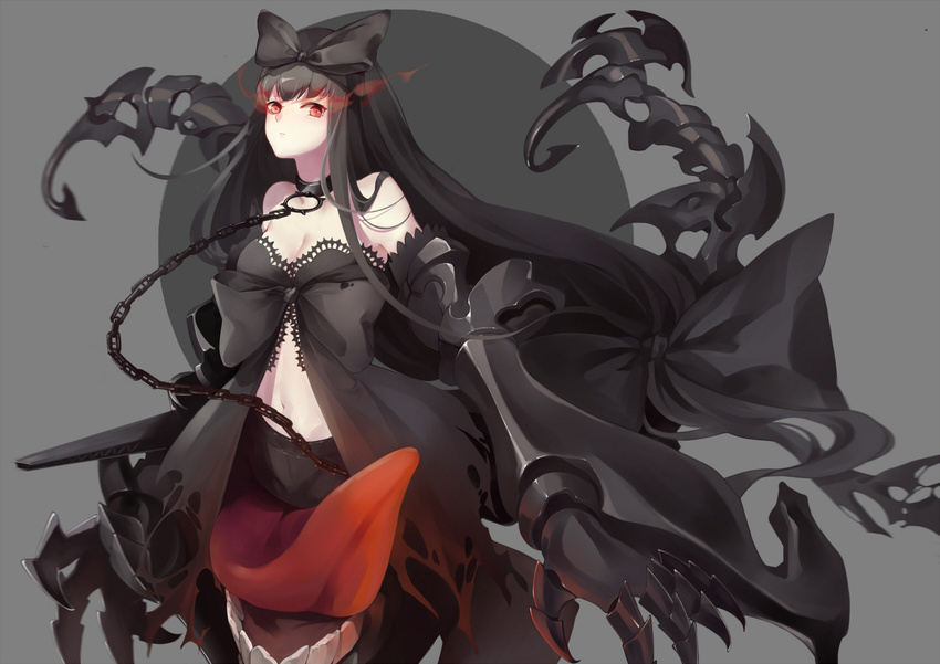 black_hair bow breasts chains cleavage collar kantai_collection long_hair red_eyes roong seaplane_tender_hime