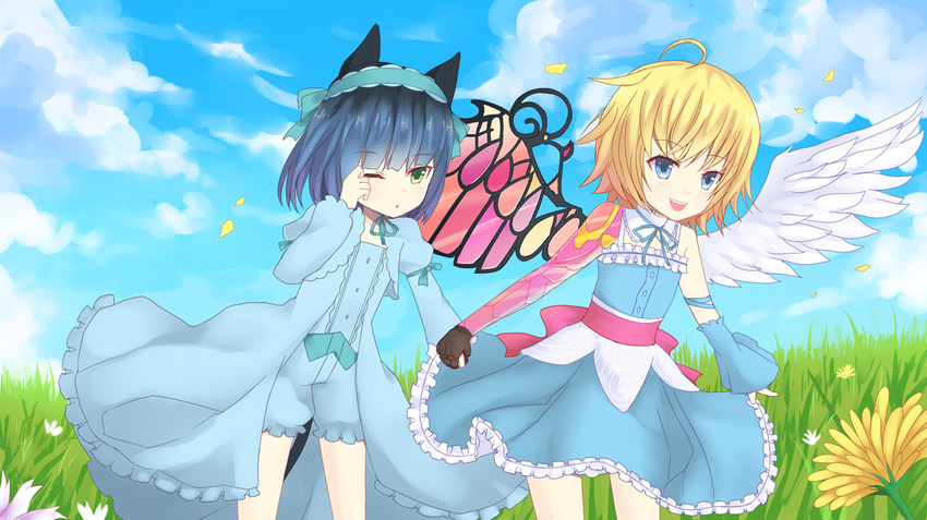 1boy ahoge angel angel_wings animal_ears asymmetrical_wings bad_deviantart_id bad_id blonde_hair blue_eyes blue_hair borrowed_character cassie_(acerailgun) cat_ears cat_tail cloud cloudy_sky cyborg day detached_sleeves dress feathered_wings female flat_chest flower frilled_dress frills grass green_eyes hairband holding_hands kiki_(tsunya) mechanical_arms mechanical_wings one_eye_closed original otoko_no_ko outdoors petals photoshop_(medium) ryoune_yami single_mechanical_arm sky tail wings