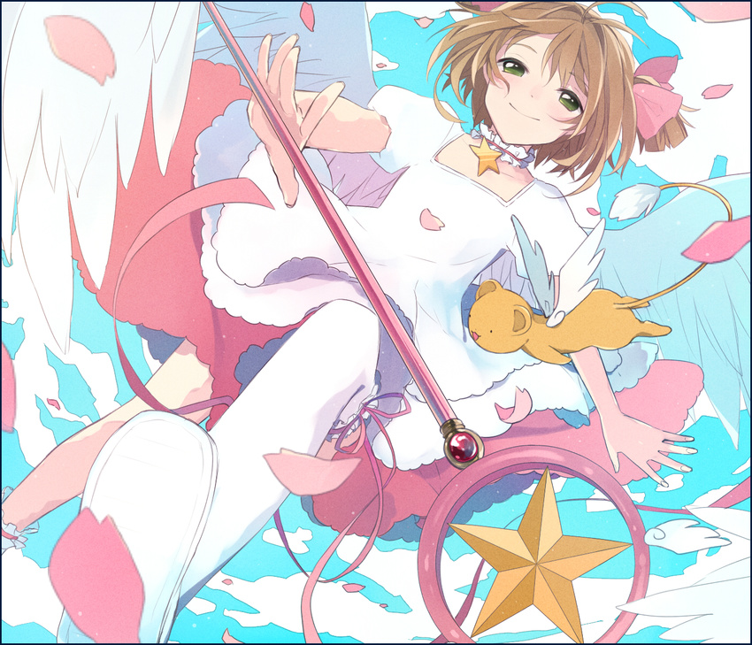 brown_hair cardcaptor_sakura cherry_blossoms choker commentary_request dress female from_below green_eyes highres hoshi_no_tsue hoshiyui_tsukino kero_(cardcaptor_sakura) kinomoto_sakura kinomoto_sakura_(platinum_star_dress) magical_girl petals pink_choker short_hair star_(symbol) star_choker twintails wand