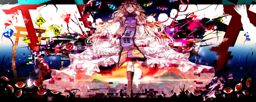 abstract absurdres blonde_hair blue_background boots bow breasts cloud commentary distortion dress eyelashes eyes_visible_through_hair female floating frilled_dress frills gap_(touhou) glowing glowing_eyes gradient_background hairbow hand_up highres holding holding_umbrella knees lake large_breasts lens_flare long_hair mountain multicolored_eyes open_hand open_mouth paint_splatter petals purple_eyes red_pupils reflection senshuu_kou sign smile solo space sunset tabard teeth tongue torii touhou umbrella very_long_hair white_background white_dress yakumo_yukari