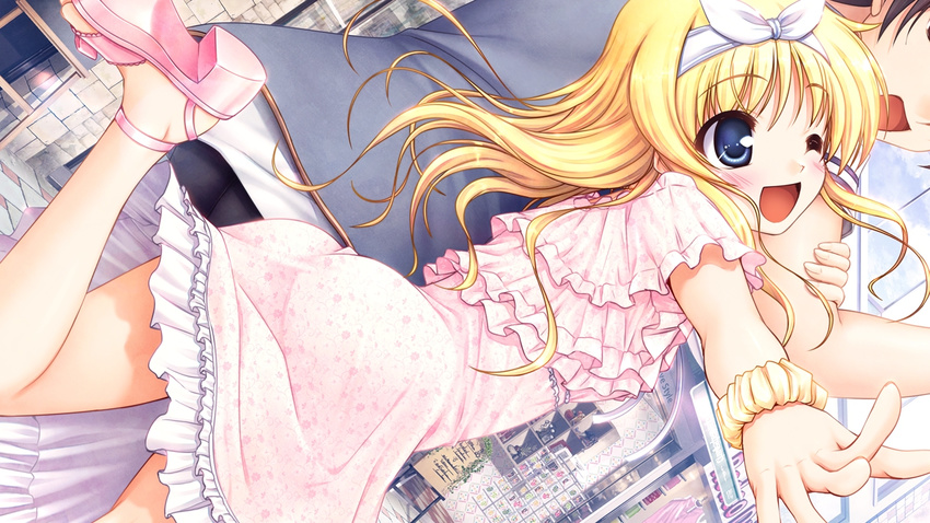 1boy ;d arm_grab bekkankou blue_eyes couple daitoshokan_no_hitsujikai dress dutch_angle female frilled_dress frills game_cg hairband kakei_kyoutarou leg_up long_hair one_eye_closed open_mouth pink_dress sandals scrunchie smile straight suzuki_kana wrist_scrunchie