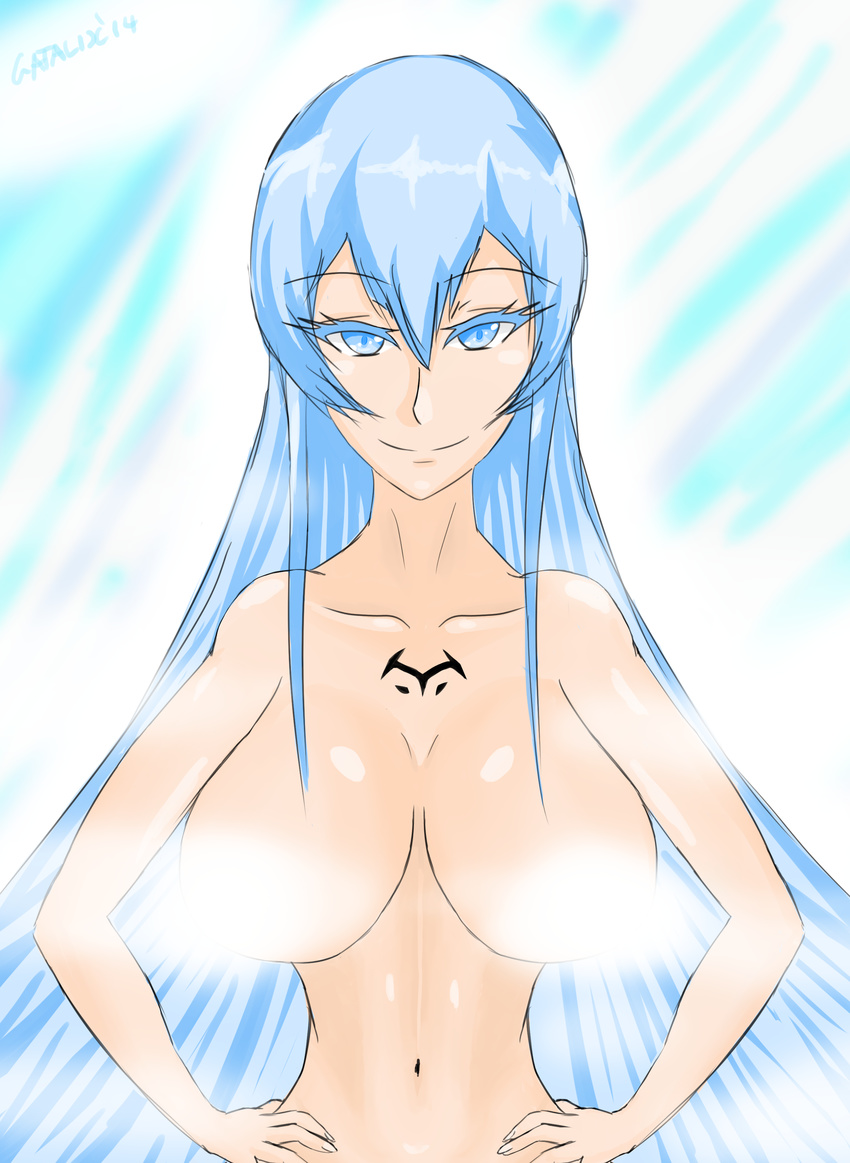 akame_ga_kill! blue_eyes blue_hair breasts censored cleavage esdeath esdese female highres shower