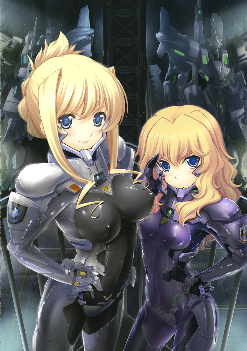 2girls absurdres bad_link bernadette_le_tigre_de_la_riviere blonde_hair blue_eyes blush bodysuit breasts breasts_apart closed_mouth contrapposto covered_navel covered_nipples cowboy_shot ef-2000_typhoon_(muv-luv) emblem eurofighter_typhoon folded_ponytail from_side gloves hair_bun hand_on_own_hip hands_on_own_hips hangar height_difference highres ilfriede_von_feulner impossible_bodysuit impossible_clothes indoors large_breasts light_smile looking_at_viewer mecha miyata_sou multiple_girls muv-luv muv-luv_alternative muv-luv_alternative_chronicles official_art petite pilot_suit rafale_(muv-luv) railing robot salute scan science_fiction sidelocks single_hair_bun skin_tight small_breasts smile standing tactical_surface_fighter the_euro_front turtleneck wavy_hair