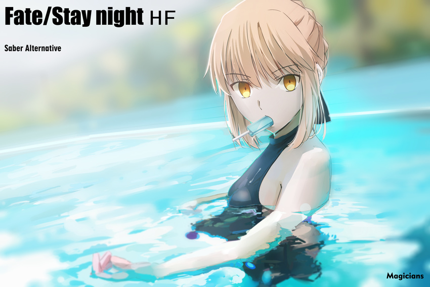 blonde_hair fate/stay_night magicians popsicle saber saber_alter swimsuit water