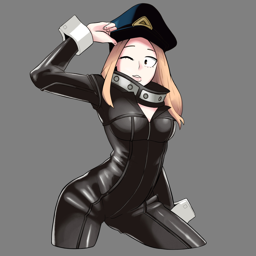 bad_id bad_pixiv_id bodysuit boku_no_hero_academia breasts brown_eyes brown_hair cowboy_shot felipe_godoy female grey_background hat highres lips long_hair medium_breasts one_eye_closed parted_lips peaked_cap simple_background solo utsushimi_kemii