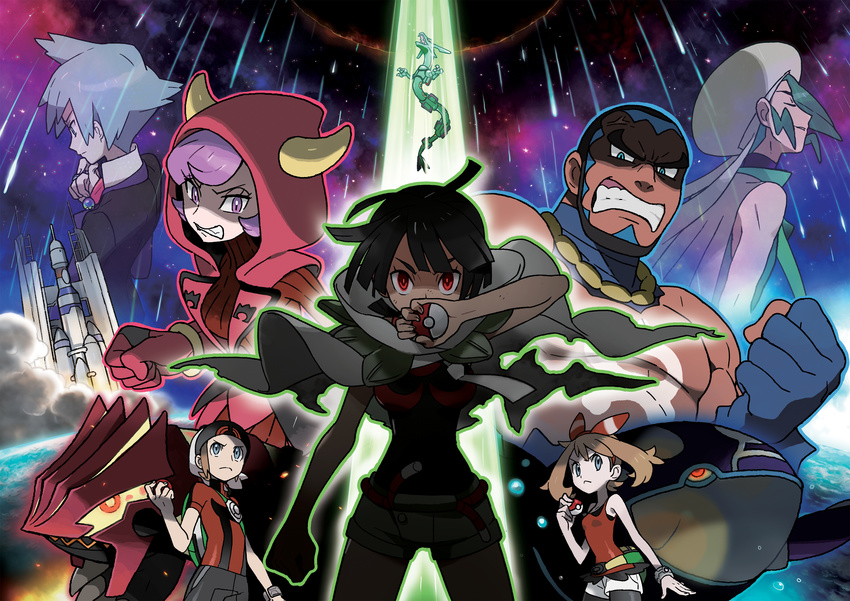 3girls 4boys absurdres angry backpack bag bandana beret bike_shorts black_hair blue_eyes blue_hair bracelet brown_hair cape closed_eyes covering_mouth dark_skin earth epic fake_horns fanny_pack gloves glowing glowing_eyes green_hair groudon haruka_(pokemon) haruka_(pokemon)_(remake) hat higana_(pokemon) highres holding holding_poke_ball hood hooded_jacket hoodie jacket jewelry kagari_(pokemon) kagari_(pokemon)_(remake) kyogre lava light_smile mega_pokemon meteor meteor_shower mikuri_(pokemon) molten_rock multiple_boys multiple_girls muscle official_art official_artwork poke_ball pokemon pokemon_(game) pokemon_oras primal_groudon primal_kyogre purple_eyes purple_hair rayquaza red_eyes rocket_ship serious shirt short_hair shorts silver_hair sleeveless sleeveless_shirt space space_craft spaceship star star_(sky) stars sugimori_ken team_aqua team_magma thinking tsuwabuki_daigo ushio_(pokemon) ushio_(pokemon)_(remake) water yuuki_(pokemon) yuuki_(pokemon)_(remake)