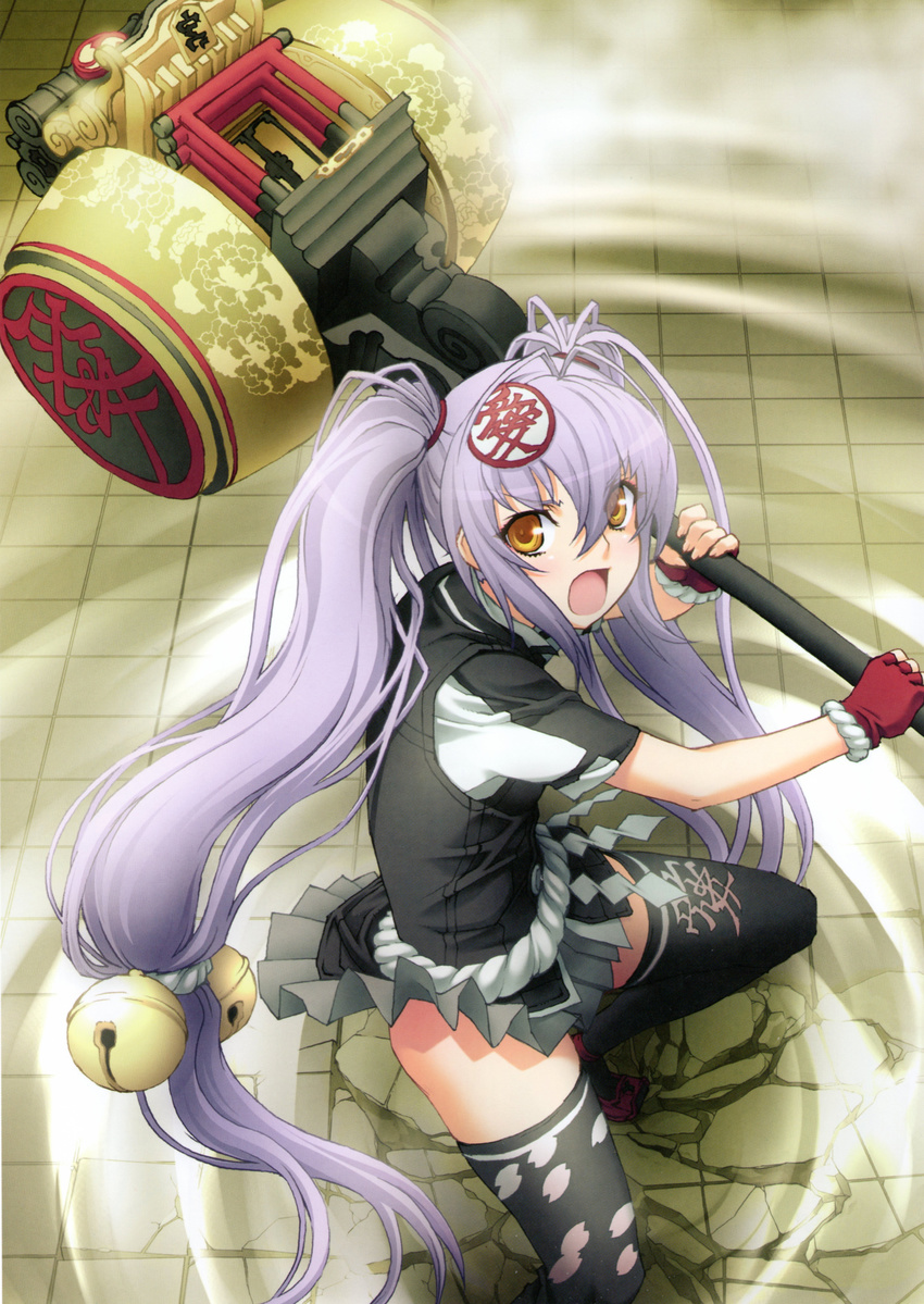 absurdres bell female female fingerless_gloves from_above gloves hammer highres hyakka_ryouran_samurai_girls jingle_bell long_hair looking_at_viewer low-tied_long_hair naoe_kanetsugu_(hyakka_ryouran) nishii_(nitroplus) official_art open_mouth purple_hair shide short_sleeves skirt solo thighhighs twintails very_long_hair yellow_eyes