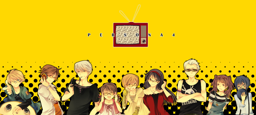 4boys 5girls :3 alternate_costume amagi_yukiko black_hair blonde_hair blue_eyes blue_hair brown_hair closed_eyes commentary_request doujima_nanako dress earrings fingerless_gloves glasses gloves hairband hanamura_yousuke headphones highres jewelry jikei kujikawa_rise kuma_(persona_4) multiple_boys multiple_girls necklace one_eye_closed persona persona_4 red_hair satonaka_chie scar shirogane_naoto strapless strapless_dress sunglasses suspenders tatsumi_kanji twintails white_hair