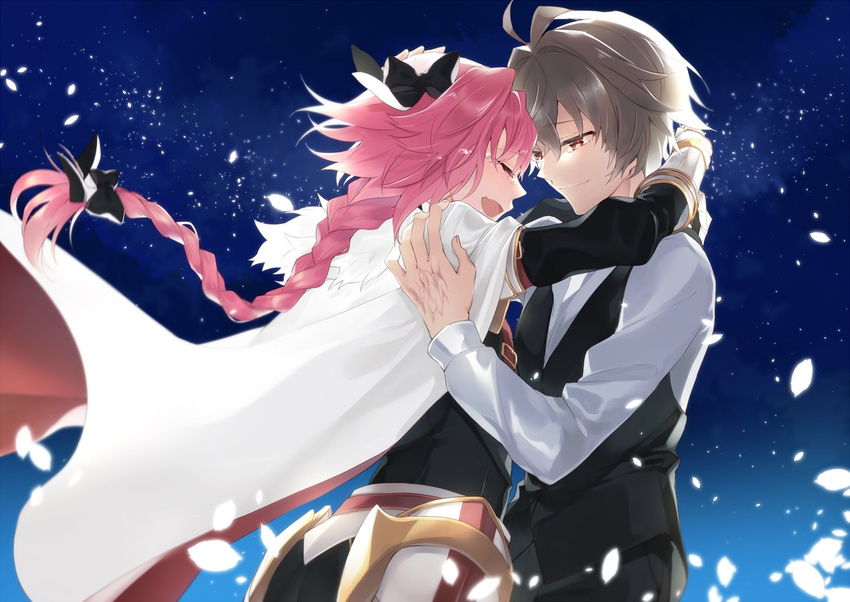 2boys ahoge armor astolfo_(fate) bangs black_pants black_ribbon black_skirt braid brown_hair cape citron_82 cloak closed_eyes command_spell couple crying eyebrows_visible_through_hair face-to-face fate/apocrypha fate_(series) from_side gauntlets hair_ornament hair_ribbon highres hug long_braid long_hair long_pants long_sleeves looking_at_another male_focus multicolored_hair multiple_boys night night_sky oerba_yun_fang pants petals pink_hair purple_hair red_eyes ribbon shirt short_hair sieg_(fate/apocrypha) single_braid skirt star star_(sky) starry_sky trap turtleneck two-tone_hair very_long_hair waistcoat white_cape white_cloak white_shirt