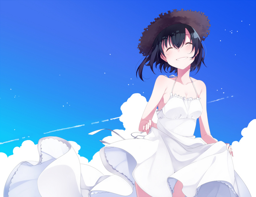 black_hair clouds hat original short_hair skirt_lift sky summer_dress umiko_(munemiu)