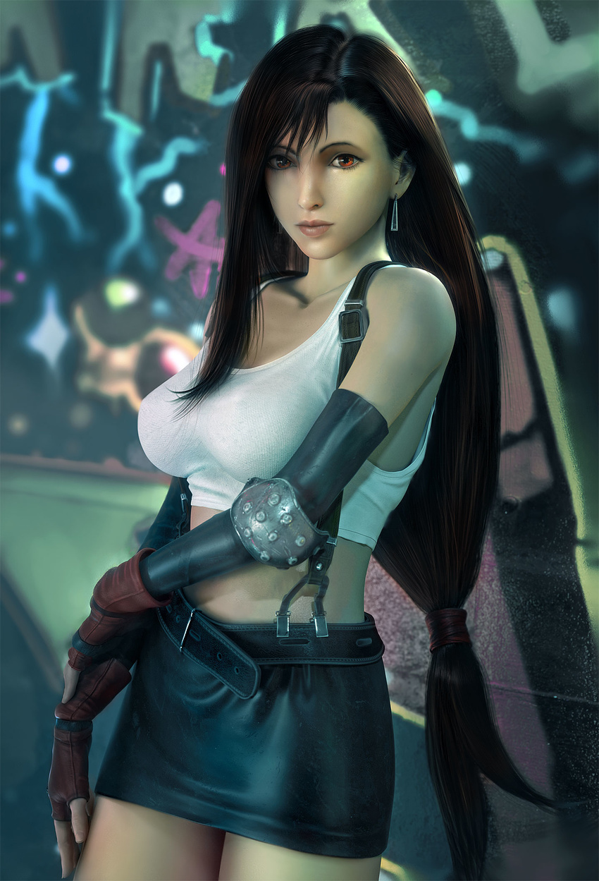 3d black_hair brown_eyes commentary_request crop_top earrings elbow_gloves elbow_pads female final_fantasy final_fantasy_vii fingerless_gloves gloves graffiti highres jewelry long_hair low-tied_long_hair midriff navel realistic skirt solo suspenders tank_top tifa_lockhart wen_jr