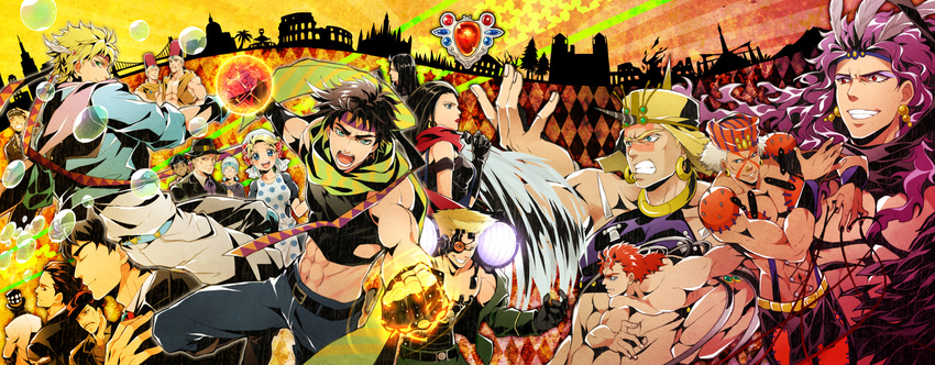 3girls 6+boys argyle_background armor battle_tendency caesar_anthonio_zeppeli commentary_request crop_top cyborg danemaru erina_pendleton esidisi everyone george_joestar_ii hat headband highres jojo_no_kimyou_na_bouken jonathan_joestar joseph_joestar joseph_joestar_(young) kars_(jojo) lisa_lisa loggins_(jojo) mario_zeppeli mark_(jojo) messina_(jojo) midriff multiple_boys multiple_girls phantom_blood photoshop_(medium) red_stone_of_aja robert_e._o._speedwagon rudolph_von_stroheim santana_(jojo) scarf smokey_brown suzi_q top_hat wamuu will_anthonio_zeppeli