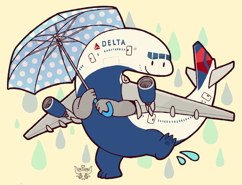 2017 3_toes aircraft airplane ambiguous_gender better_version_at_source delta_airlines dire_aircraft dire_machine dire_vehicle english_text feet hi_res holding_object holding_umbrella igriega jet living_aircraft living_machine living_vehicle looking_at_viewer machine not_furry on_one_leg raining signature simple_background smile soles solo splash standing text toes umbrella vehicle yellow_background