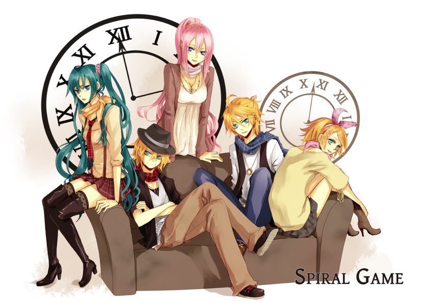 2boys 3girls bad_id bad_pixiv_id boots hatsune_miku kagamine_len kagamine_len_(append) kagamine_rin lancha long_hair megurine_luka multiple_boys multiple_girls photoshop_(medium) smile thigh_boots thighhighs vocaloid vocaloid_append