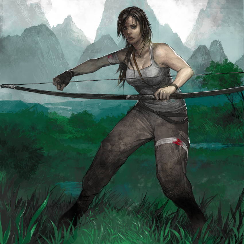 bandages bare_shoulders blood bow_(weapon) commentary_request female fingerless_gloves gloves highres holding kiyohisa lara_croft long_hair messy_hair photoshop_(medium) pixiv_tomb_raider_contest solo tomb_raider tomb_raider_(reboot) weapon