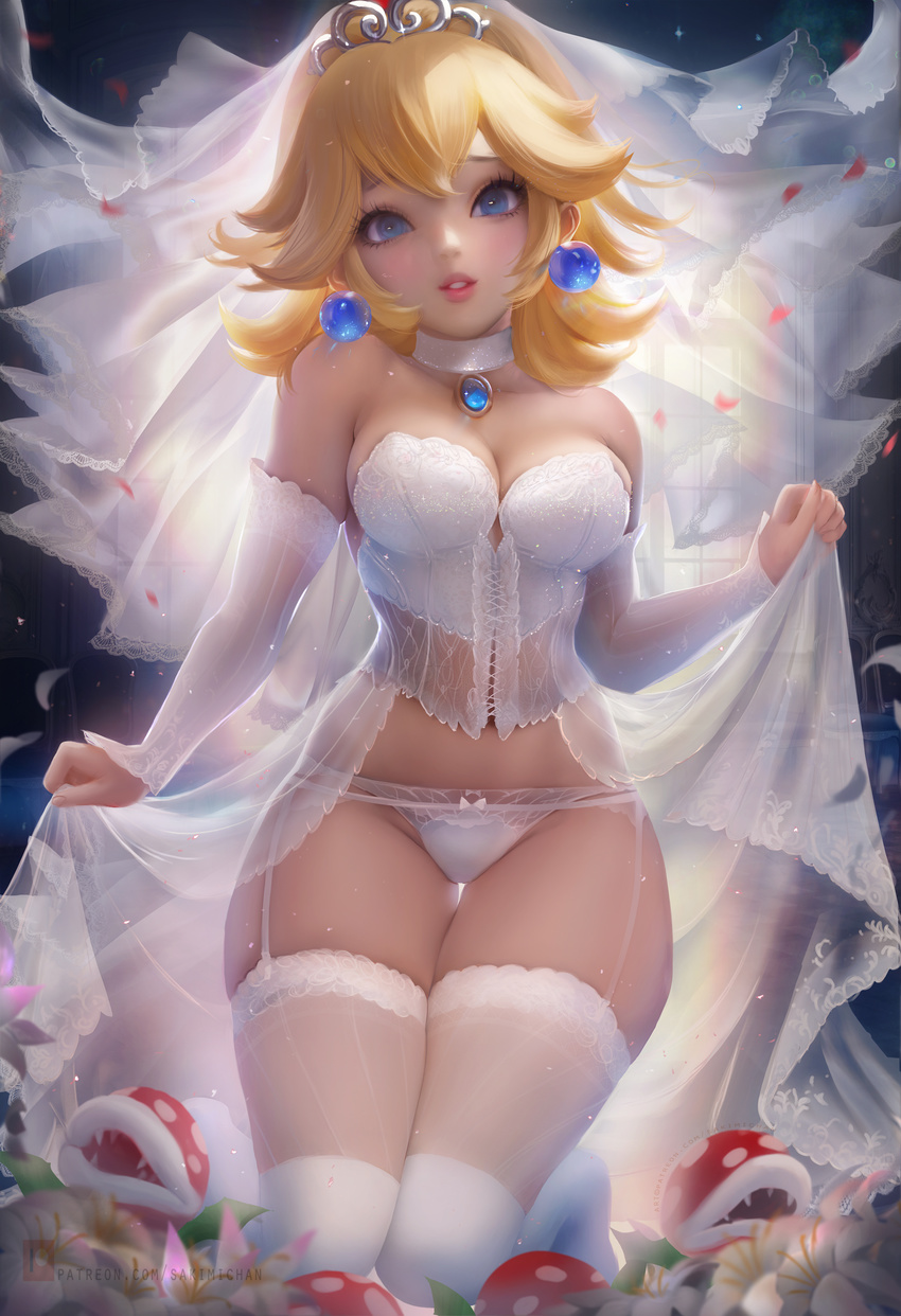 bra cleavage mario_bros. pantsu princess_peach_toadstool sakimichan signed string_panties thighhighs