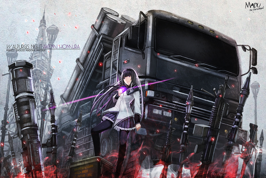 akemi_homura akemi_homura_(magical_girl) bad_id bad_pixiv_id black_hair female gun hairband long_hair machine_gun madu magical_girl mahou_shoujo_madoka_magica mahou_shoujo_madoka_magica_(anime) military_truck military_vehicle missile_vehicle motor_vehicle pantyhose photoshop_(medium) purple_eyes ribbon rifle rocket_launcher skirt solo truck weapon