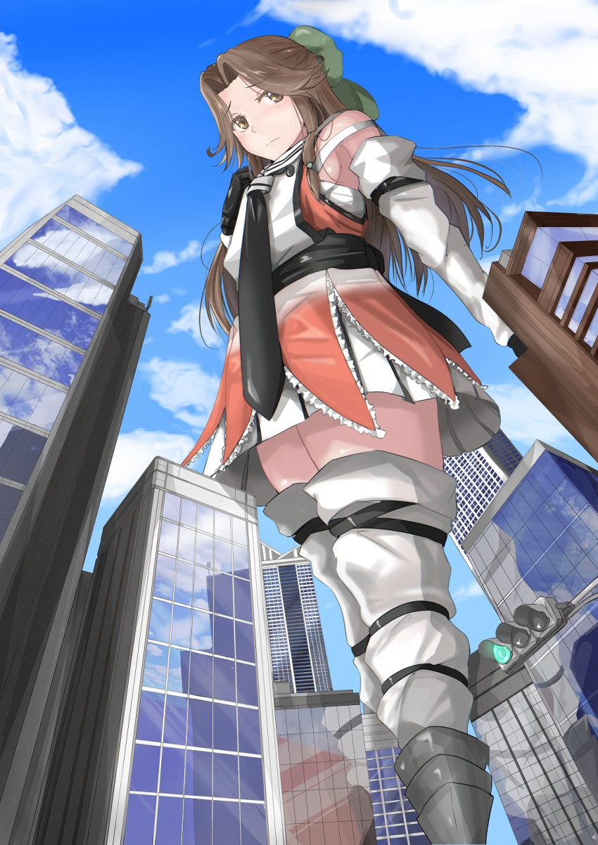 black_gloves black_necktie blue_sky boots brown_eyes brown_hair building cloud commission duplicate female giant giantess gloves highres jintsuu_(kancolle) jintsuu_kai_ni_(kancolle) kantai_collection ken_(shutenndouji1) long_hair necktie pixel-perfect_duplicate skeb_commission sky traffic_light white_gloves