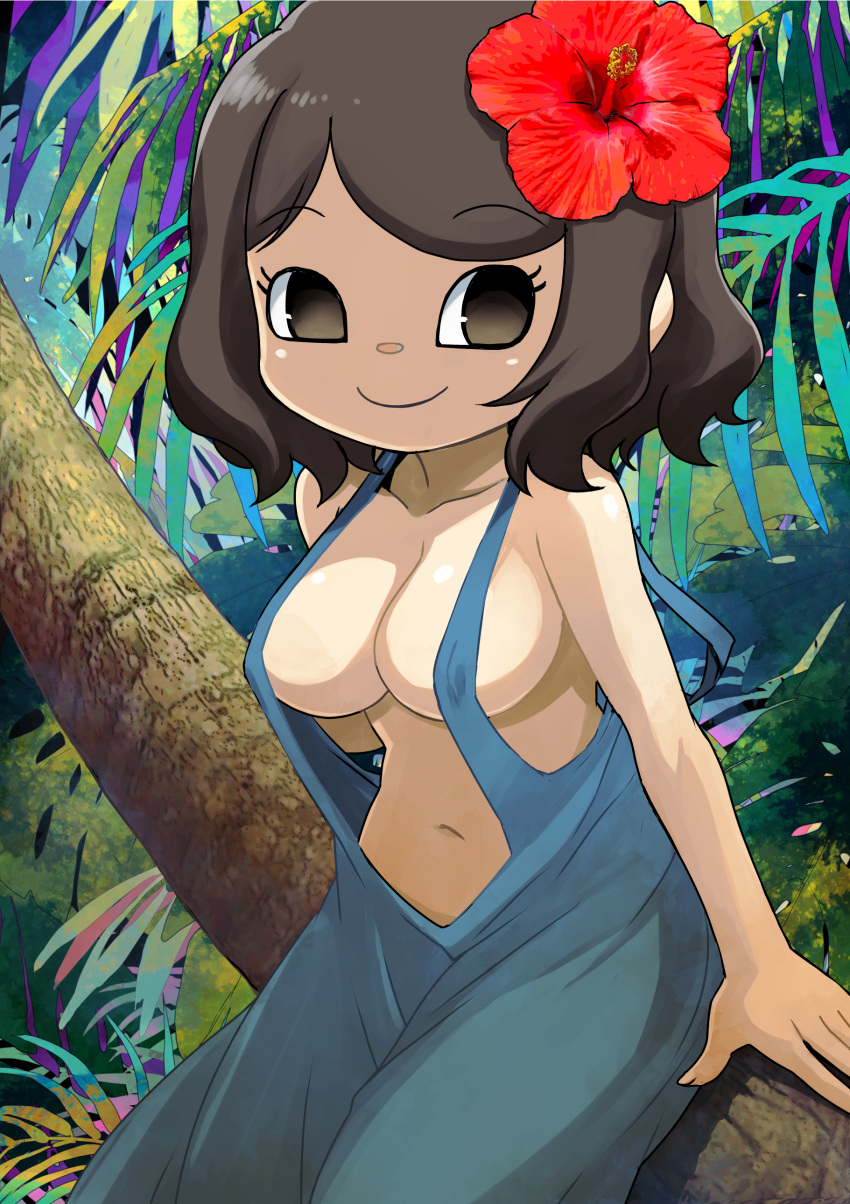 absurdres animal_crossing bare_arms bare_shoulders blue_overalls breasts brown_eyes brown_hair closed_mouth collarbone covered_nipples eyelashes female flower hair_flower hair_ornament hibiscus highres in_tree looking_to_the_side medium_breasts muramasa_mikado murana_(muramasa_mikado) naked_overalls navel overalls palm_tree red_flower sitting sitting_in_tree smile solo swept_bangs tree villager_(animal_crossing)