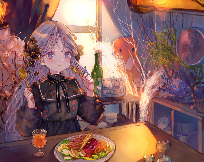 blush bow cha_goma cropped dress drink food goth-loli gray_eyes gray_hair lolita_fashion long_hair original ribbons