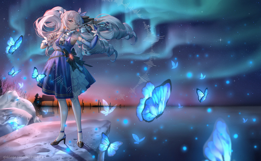 2girls black_footwear blue_butterfly blue_dress bronya_zaychik bug butterfly closed_mouth dress drill_hair earrings ginklaga gloves grey_eyes grey_hair high_heels highres holding holding_instrument holding_violin honkai_(series) honkai_impact_3rd instrument jewelry long_hair looking_at_viewer multiple_girls music night night_sky outdoors piano playing_instrument single_glove sky sleeveless sleeveless_dress standing theresa_apocalypse thighhighs twin_drills violin water white_legwear