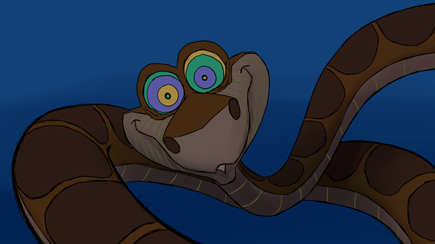 16:9 2020 blue_background brown_body brown_scales colored creepy_smile digital_drawing_(artwork) digital_media_(artwork) disney english_text ergomancy feral first_person_view green_sclera hi_res hypnotic_eyes hypnotizing_viewer indian_rock_python kaa_(jungle_book) looking_at_viewer male multicolored_sclera on_model open_mouth purple_sclera python reptile ringed_eyes scales scalie shaded simple_background smile snake solo species_name text the_jungle_book white_text wide_eyed widescreen yellow_sclera