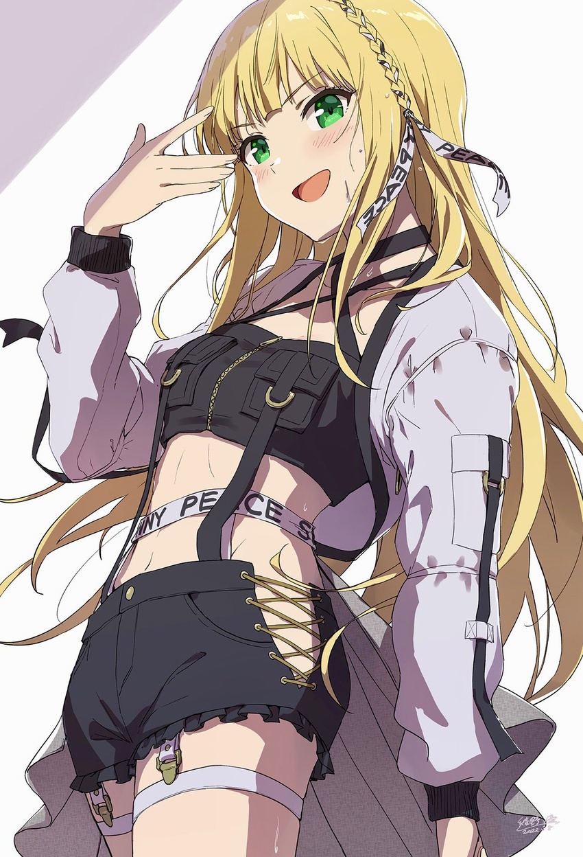 :d ayano_yuu_(sonma_1426) blonde_hair braid breast_pocket breasts collarbone criss-cross_halter crop_top cross-laced_clothes cross-laced_shorts female frilled_shorts frills garter_straps green_eyes halterneck hand_up highres ichinose_rei idol idoly_pride long_hair looking_at_viewer midriff open_mouth pocket ribbon_braid short_shorts shorts shrug_(clothing) signature simple_background smile stomach sweat thigh_strap white_background white_garter_straps white_shrug