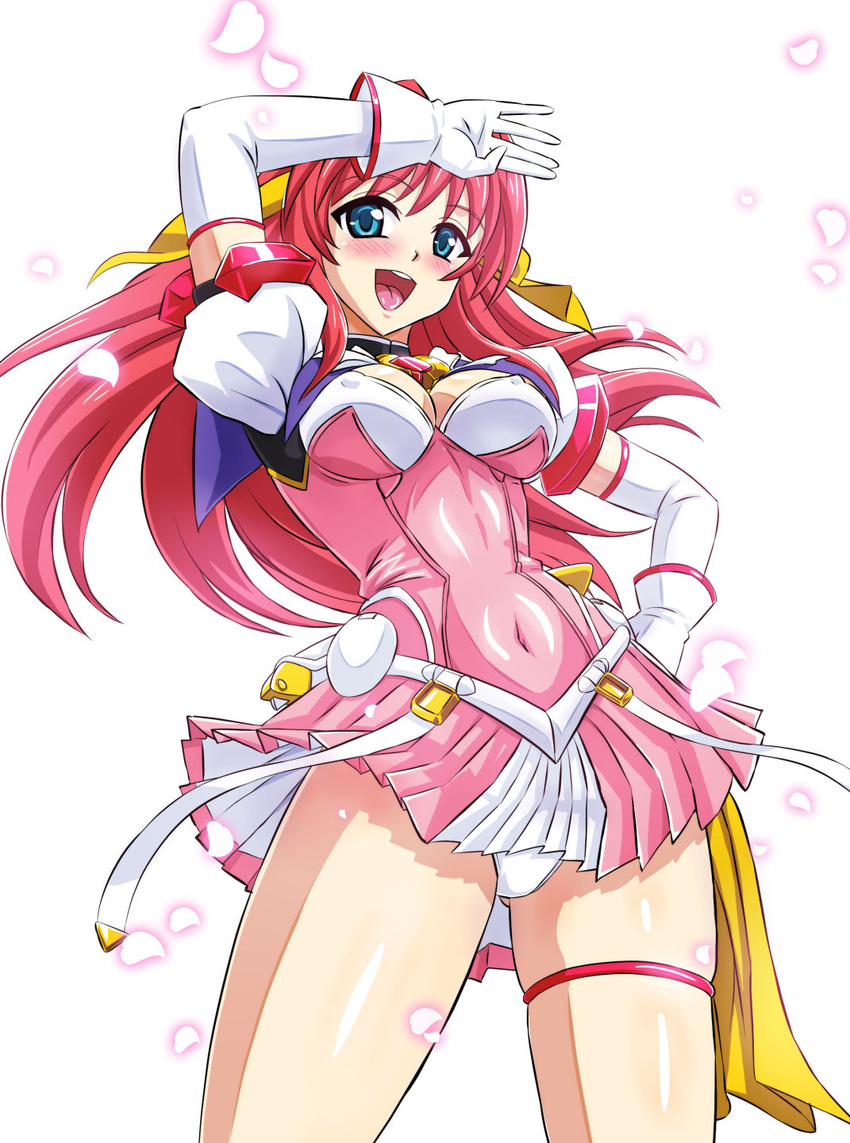 :d arm_up asu_(hengaya) beat_angel_escalayer blue_eyes bow breasts cleavage contrapposto covered_navel covered_nipples cowboy_shot elbow_gloves escalayer female gloves hairbow hand_on_own_hip highres kouenji_sayuka legs_apart long_hair looking_at_viewer magical_girl medium_breasts open_mouth panties petals pink_skirt pleated_skirt puffy_sleeves red_hair shiny_clothes simple_background skin_tight skirt smile solo standing thighlet underwear upskirt white_background white_gloves white_panties yellow_bow