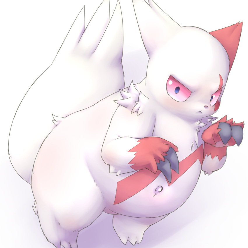 1:1 ambiguous_gender bunnag claws digital_media_(artwork) fur generation_3_pokemon hi_res looking_at_viewer navel nintendo nude pokemon pokemon_(species) red_body red_eyes red_fur shaded simple_background solo white_background white_body white_fur zangoose