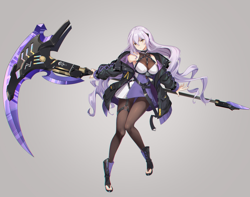 armpits bare_shoulders between_breasts black_jacket boots breasts brown_pantyhose commentary_request dress female full_body grey_background highres holding holding_scythe holding_weapon jacket large_breasts ldfe_mk2 leg_belt light_purple_hair long_hair long_sleeves looking_at_viewer off_shoulder open_clothes open_jacket orange_eyes original pantyhose photoshop_(medium) scythe simple_background sleeveless sleeveless_dress solo strap toeless_footwear two-tone_dress very_long_hair wavy_hair weapon