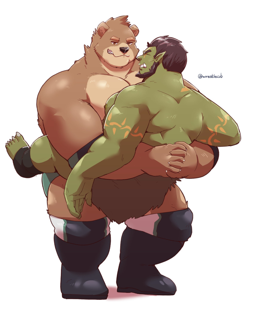 2boys absurdres bara bear_boy beard black_hair body_markings brown_fur carrying carrying_person closed_eyes colored_skin commission facial_hair flash_(wrestlecub) full_body furry furry_male furry_with_non-furry green_skin grin highres interlocked_fingers interspecies jumperbear large_pectorals loincloth looking_at_another male_focus mature_male monster_boy multiple_boys muscular muscular_male nipple-to-nipple nipples orc original own_hands_together pectoral_docking pectoral_press pectorals plump pointy_ears short_hair size_difference smile smirk spread_legs thick_eyebrows thick_thighs thighs topless_male tusks wrestling wrestling_outfit yaoi