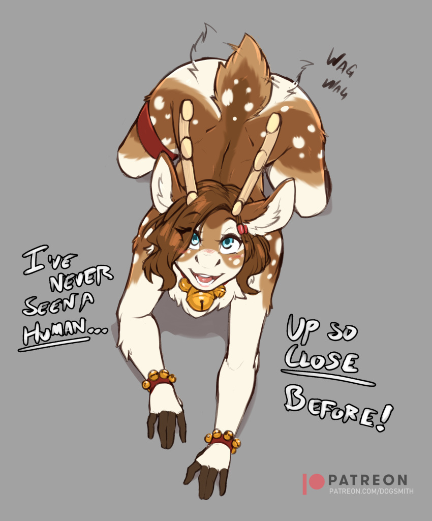 2020 5_fingers all_fours anthro antlers ass ass_up bell bell_bracelet bell_collar bent_over big_butt blue_eyes blush brown_body brown_fur brown_hair butt_from_the_front chest_tuft christmas collar collar_only dancer_(reindeer) deer dialogue english_text eyelashes female fingerless_(marking) fingers fur grey_background hair hi_res high-angle_view holidays horn inu-sama jingle_bell legband lol_comments looking_at_viewer looking_up mammal new_world_deer nude open_mouth patreon patreon_logo reindeer simple_background solo tail tail_motion tailwag talking_to_viewer teeth text tongue tuft url