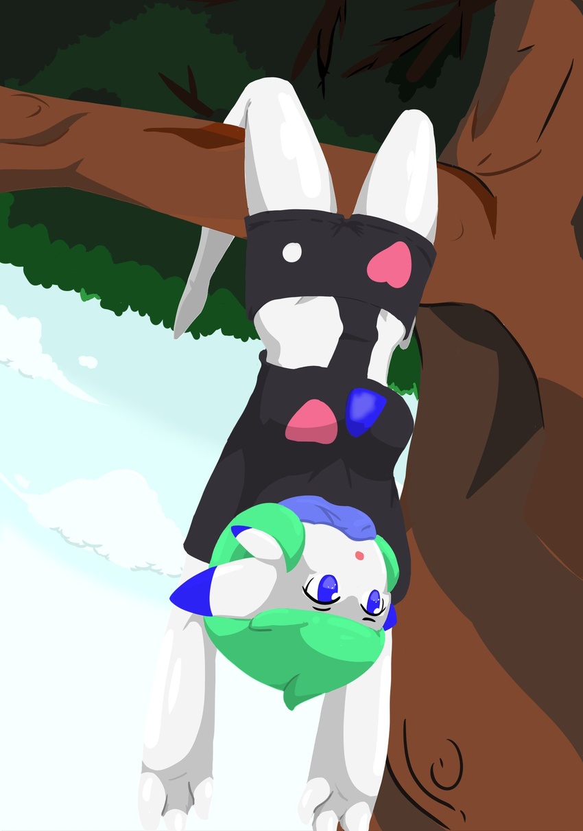 2020 3_fingers :o blue_eyes branch clothing detailed_background featureless_feet feet female fingers gardevoir generation_3_pokemon green_hair hair hanging_from_branch hi_res humanoid mferite nintendo not_furry open_mouth plant pokemon pokemon_(species) solo tree upside-down