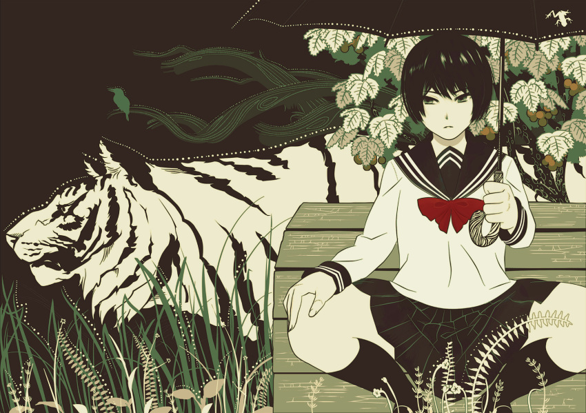 bird black_sailor_collar bob_cut bow bowtie byakko closed_mouth feet_out_of_frame female fingernails grass hand_on_own_knee hiding highres holding holding_umbrella kondou_totetsu long_sleeves muted_color original parted_lips photoshop_(medium) pleated_skirt red_bow red_bowtie sailor_collar school_uniform serafuku shirt short_hair skirt socks solo spread_legs squatting tiger umbrella white_shirt