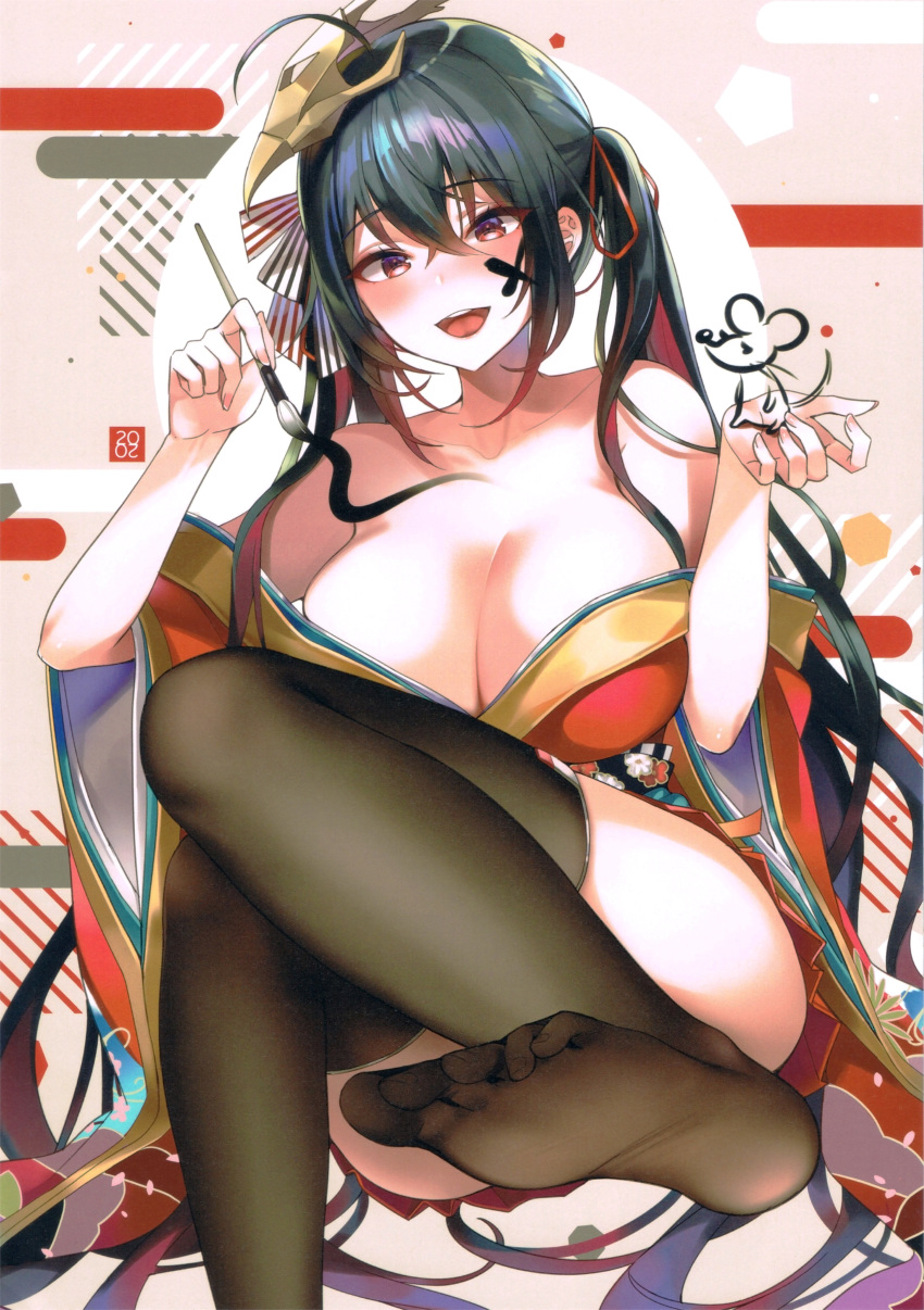 :d absurdres ahoge azur_lane bare_shoulders black_hair black_thighhighs blush body_writing breasts calligraphy_brush cleavage collarbone convenient_leg drawing_on_own_face facial_mark feet_out_of_frame female fingernails grey_background hair_between_eyes hair_ribbon hands_up head_tilt highres holding holding_brush huge_breasts japanese_clothes kimono large_breasts long_hair long_sleeves looking_at_viewer mask mask_on_head mirei new_year no_shoes off_shoulder open_mouth paintbrush photoshop_(medium) red_eyes red_kimono red_ribbon ribbon scan scan_artifacts sidelocks smile solo taihou_(azur_lane) thighhighs thighs twintails wide_sleeves