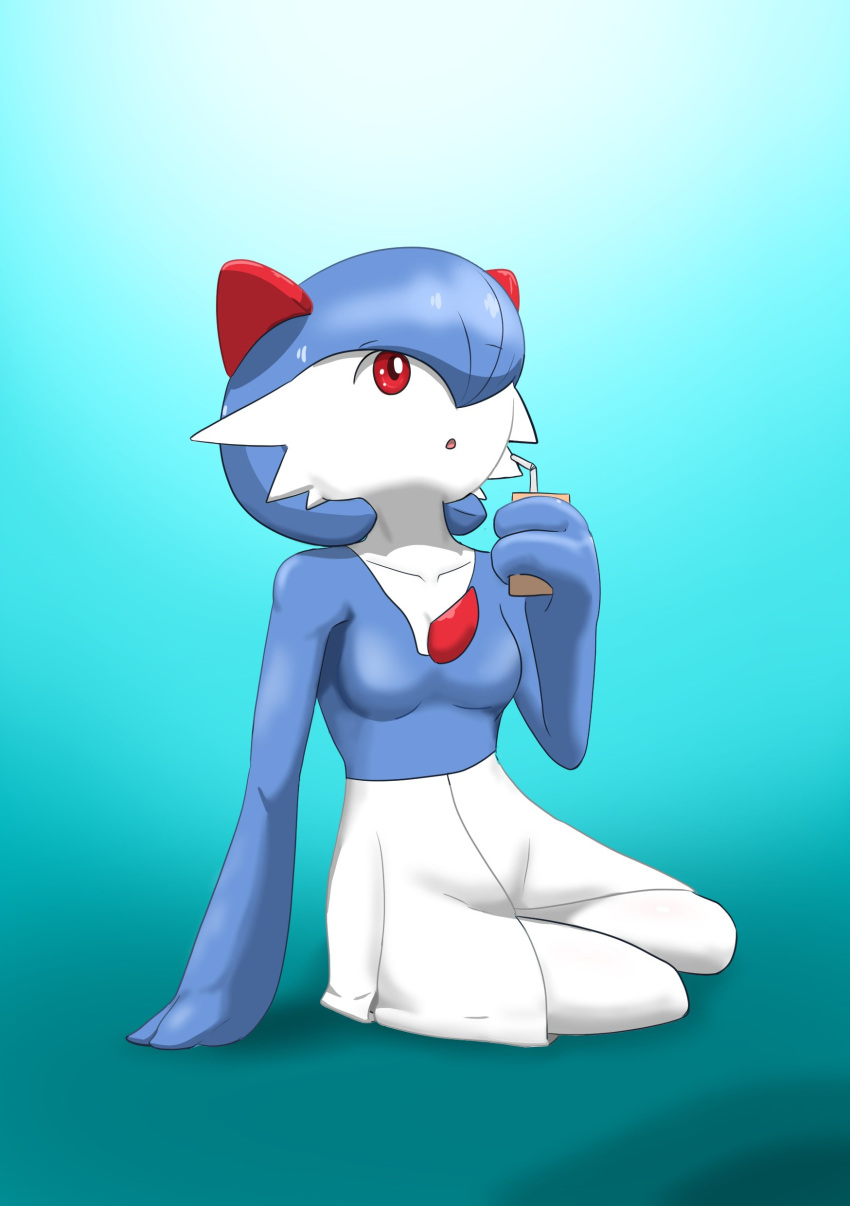 2020 3_fingers absurd_res blue_background blue_hair drinking female fingers gardevoir generation_3_pokemon hair hair_over_eye hi_res holding_juice_box humanoid juice_box kneeling mferite nintendo not_furry one_eye_obstructed pokemon pokemon_(species) red_eyes seiza sera_(kuperseeper) shiny_pokemon simple_background sitting solo straw_(disambiguation)