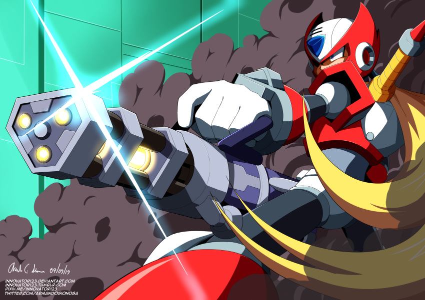 1boy absurdres armor blonde_hair commentary_request deviantart_username gatling_gun glint gun highres holding holding_gun holding_weapon innovator123 long_hair male_focus mega_man_(series) mega_man_x_(series) mega_man_x_dive pixiv_username smoke solo tumblr_username twitter_username watermark weapon web_address zero_(mega_man)