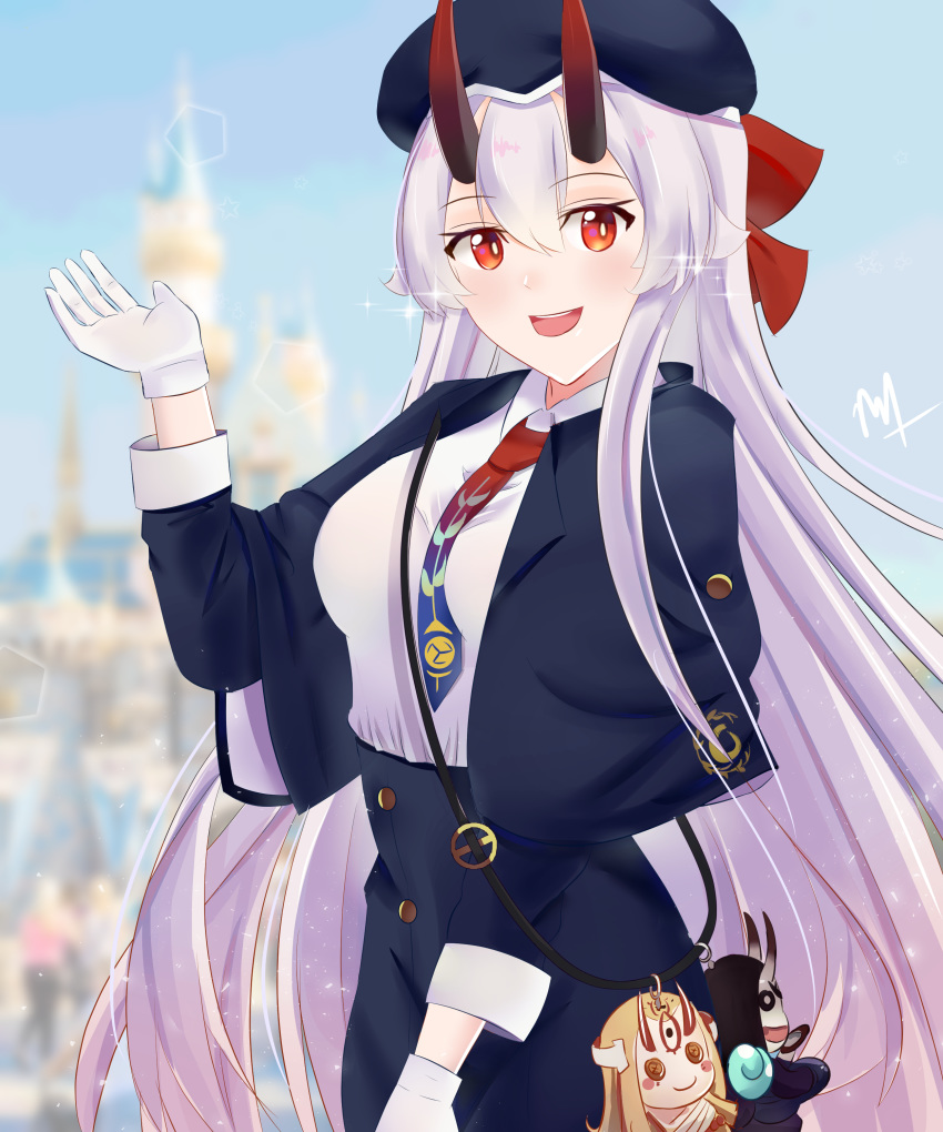 :d absurdres beret blue_hat blue_jacket blue_necktie blue_skirt blue_sky blurry blurry_background blush castle character_doll fate/grand_order fate_(series) female gradient_necktie hair_between_eyes hat highres horns ibaraki_douji_(fate) jacket long_hair multicolored_necktie necktie nvl open_mouth red_eyes red_horns red_necktie shirt shoulder_strap shuten_douji_(fate) skin-covered_horns skirt sky smile solo tomoe_gozen_(fate) tomoe_gozen_(festival_outfit)_(fate) very_long_hair white_hair white_shirt