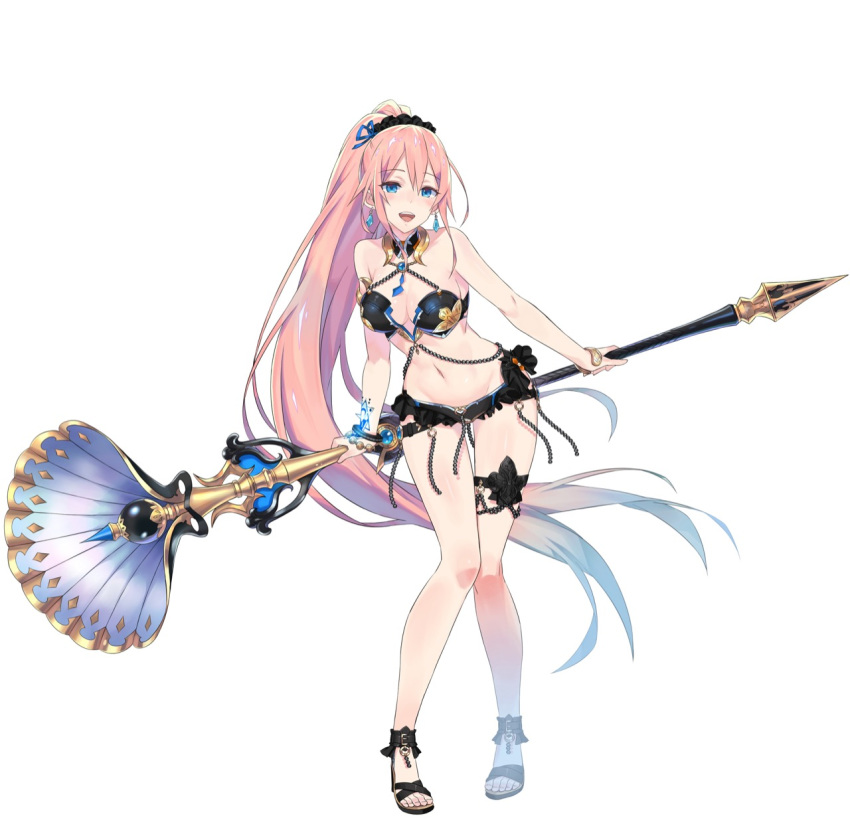 bikini blue_eyes bracelet female full_body high_ponytail highres holding holding_staff idola_phantasy_star_saga jewelry long_hair navel official_art open_mouth phantasy_star phantasy_star_online_2 pink_hair sandals simple_background solo staff standing stella_(idola) swimsuit thigh_strap very_long_hair white_background