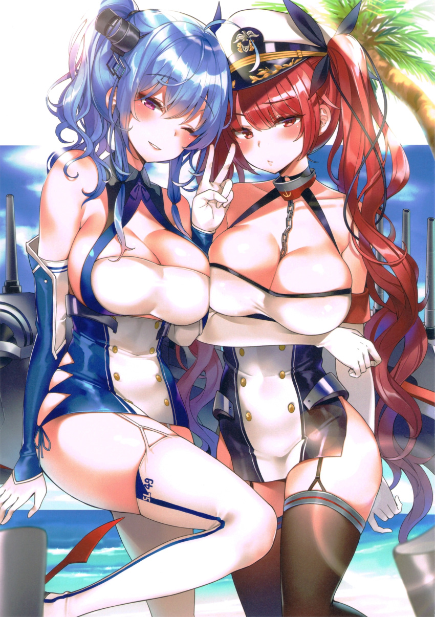 2girls absurdres ahoge argyle_cutout azur_lane bare_shoulders black_garter_straps black_ribbon blue_hair blue_sky blush bow breasts brown_thighhighs chains cleavage closed_mouth clothing_cutout cloud cloudy_sky collar collarbone day dress elbow_gloves garter_straps gloves hair_ornament hair_ribbon hairbow hand_up hat highres honolulu_(azur_lane) large_breasts lips long_hair looking_at_viewer machinery metal_collar mirei multiple_girls outdoors palm_leaf palm_tree parted_lips peaked_cap photoshop_(medium) purple_eyes red_eyes red_hair ribbon scan scan_artifacts short_dress sidelocks sky sleeveless smile st._louis_(azur_lane) taut_clothes taut_dress thighhighs tree twintails underboob_cutout v water white_garter_straps white_gloves white_thighhighs zettai_ryouiki