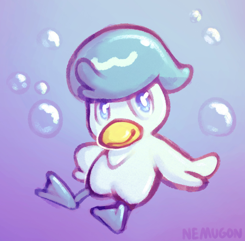 ambiguous_gender avian beak big_eyes clothing feet feral front_view generation_9_pokemon hat headgear headwear hi_res looking_at_viewer membrane_(anatomy) nemugon nintendo pokemon pokemon_(species) quaxly solo toes underwater water webbed_feet wings