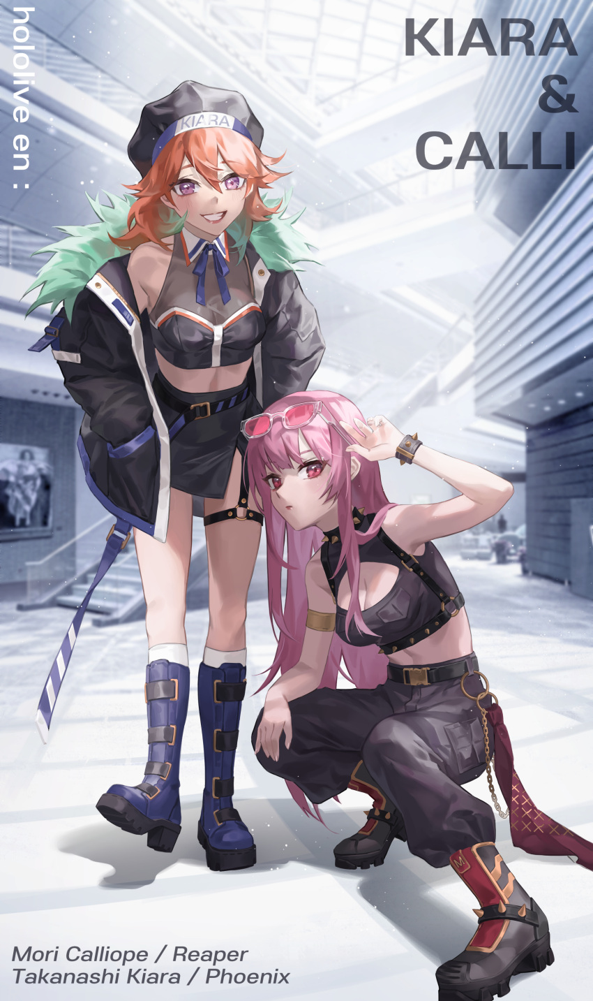 2girls absurdres alternate_costume arm_up armlet bare_shoulders belt belt_buckle black_belt black_footwear black_headwear black_jacket black_pants black_skirt blue_footwear blue_ribbon blurry blurry_background boots bracelet breast_pocket breasts bridge buckle chains character_name cleavage cleavage_cutout closed_mouth clothes_writing clothing_cutout collar colored_tips commentary copyright_name crop_top curled_fingers depth_of_field dress english_text expressionless eyewear_on_head floor full_body fur-trimmed_jacket fur_trim green_hair grey_background grin hair_between_eyes hand_on_own_knee handrail hands_in_pockets hat high_heel_boots high_heels highres hololive hololive_english horns indoors jacket jewelry jyuma knee_boots kneehighs leaning_forward light_blush light_particles long_hair long_sleeves looking_at_viewer mall medium_breasts medium_hair midriff mori_calliope multicolored_hair multiple_girls navel neck_ribbon o-ring o-ring_thigh_strap open_clothes open_hand open_jacket open_mouth orange_hair pants pink-tinted_eyewear pink_hair pocket purple_eyes red_eyes ribbon see-through see-through_shirt shadow shirt side_slit skirt sleeveless sleeveless_shirt smile socks spiked_bracelet spiked_collar spiked_footwear spikes squatting stairs standing standing_on_one_leg sunglasses takanashi_kiara thigh_strap tinted_eyewear tsurime two-tone_hair very_long_hair virtual_youtuber wall wing_collar