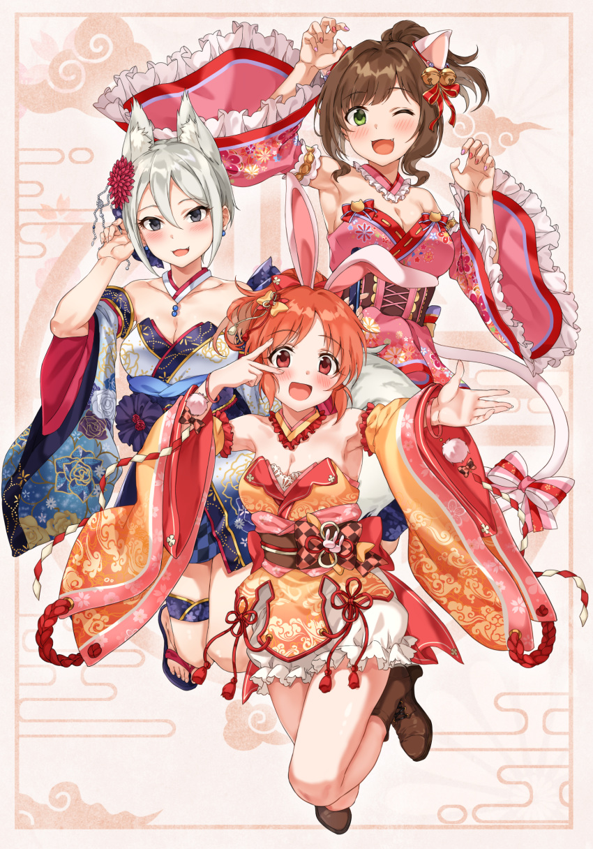 3girls :3 :d ;d abe_nana animal_ear_fluff animal_ears arm_strap armpits back_bow bare_legs bare_shoulders bell blush boots bow breasts brown_eyes brown_hair brown_legwear cat_ears cat_tail claw_pose cleavage collar collarbone commentary_request corset detached_collar detached_sleeves earrings extra_ears fake_animal_ears fake_tail floral_print flower fox_ears frilled_collar frilled_sleeves frills full_body gradient_clothes green_eyes grey_eyes grey_hair hair_between_eyes hair_flower hair_intakes hair_ornament hairbow hands_up high_heel_boots high_heels highres idolmaster idolmaster_cinderella_girls idolmaster_cinderella_girls_starlight_stage japanese_clothes jewelry kimono kouhaku_nawa large_breasts looking_at_viewer maekawa_miku medium_breasts multicolored_nails multiple_girls nail_polish netsuke obi obijime oerba_yun_fang off_shoulder one_eye_closed open_mouth orange_hair orange_kimono orange_sleeves outstretched_arm pink_kimono pink_sleeves ponytail print_kimono purple_nails rabbit_ears red_nails red_ribbon ribbon rope sandals sash shimenawa shiomi_syuko short_hair short_kimono sidelocks sirurabbit sleeveless sleeveless_kimono smile tail tail_bow tail_ornament v_over_eye white_kimono white_sleeves wide_sleeves wristband