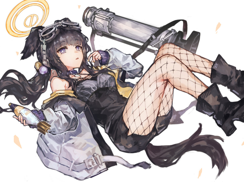 absurdres ammunition animal_ears black_hair blue_archive blush boots breasts camisole collar dog_ears dog_girl dog_tags dog_tail female fishnet_pantyhose fishnets goggles goggles_on_head hair_bobbles hair_ornament halo hibiki_(blue_archive) highres jacket long_hair long_sleeves looking_at_viewer mortar_(weapon) mortar_shell multicolored_clothes multicolored_jacket pantyhose purple_eyes short_shorts shorts solo tail twintails yanyan_(shinken_gomi) yellow_halo