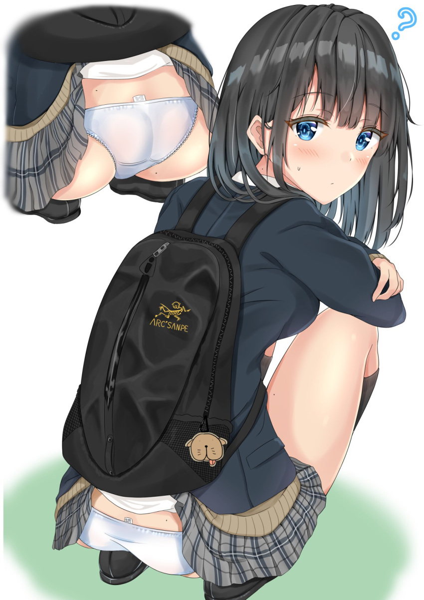 ? accidental_exposure ass backpack bad_id bad_pixiv_id bag bag_charm black_footwear black_hair black_jacket black_legwear blazer blue_eyes blunt_bangs blush breasts charm_(object) closed_mouth commentary female from_behind grey_skirt highres jacket kneehighs loafers long_sleeves looking_at_viewer looking_back miniskirt mole mole_on_ass mole_on_neck multiple_views original panties pantyshot plaid plaid_skirt school_uniform shoes simple_background skirt skirt_caught_on_object small_breasts socks squatting sunsun2812 underwear upskirt white_background white_panties zipper_pull_tab